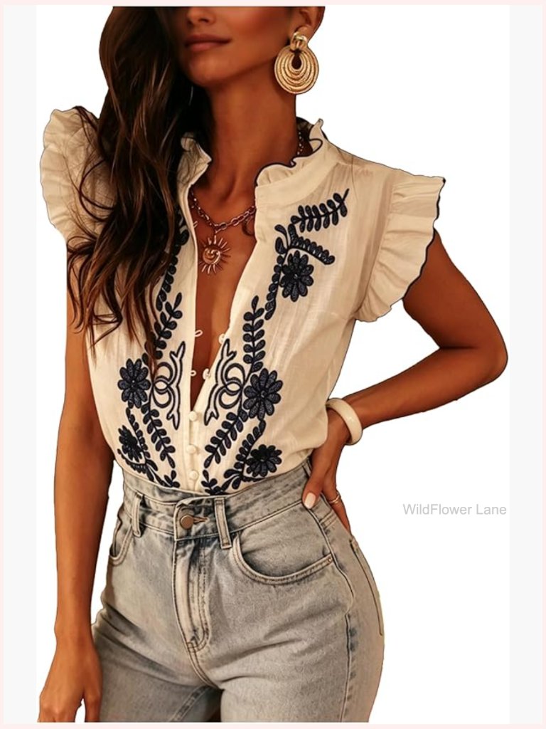 Floral Embroidered Blouse Ruffle Cap Sleeve Button Up Boho Top